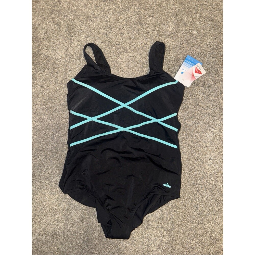 Aquabelle One Piece Womens Swimsuit SZ 22 Black Teal Stripe Chlorine Resistant